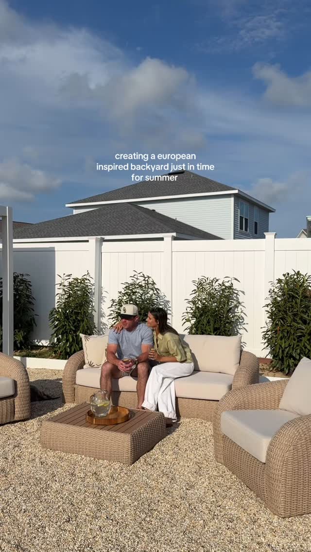 Instagram post by @alainakathleenhome for Castlery. Caption reads: creating a european inspired backyard just in time....