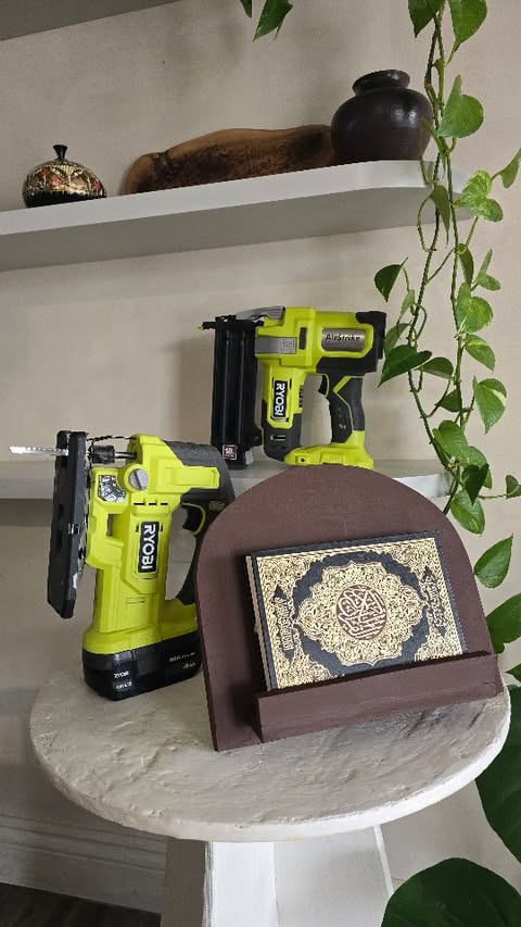 Instagram post by @onefortyfour_ for RYOBI Tools. Caption reads: DIY Quran/Book Stand made with two reliable....
