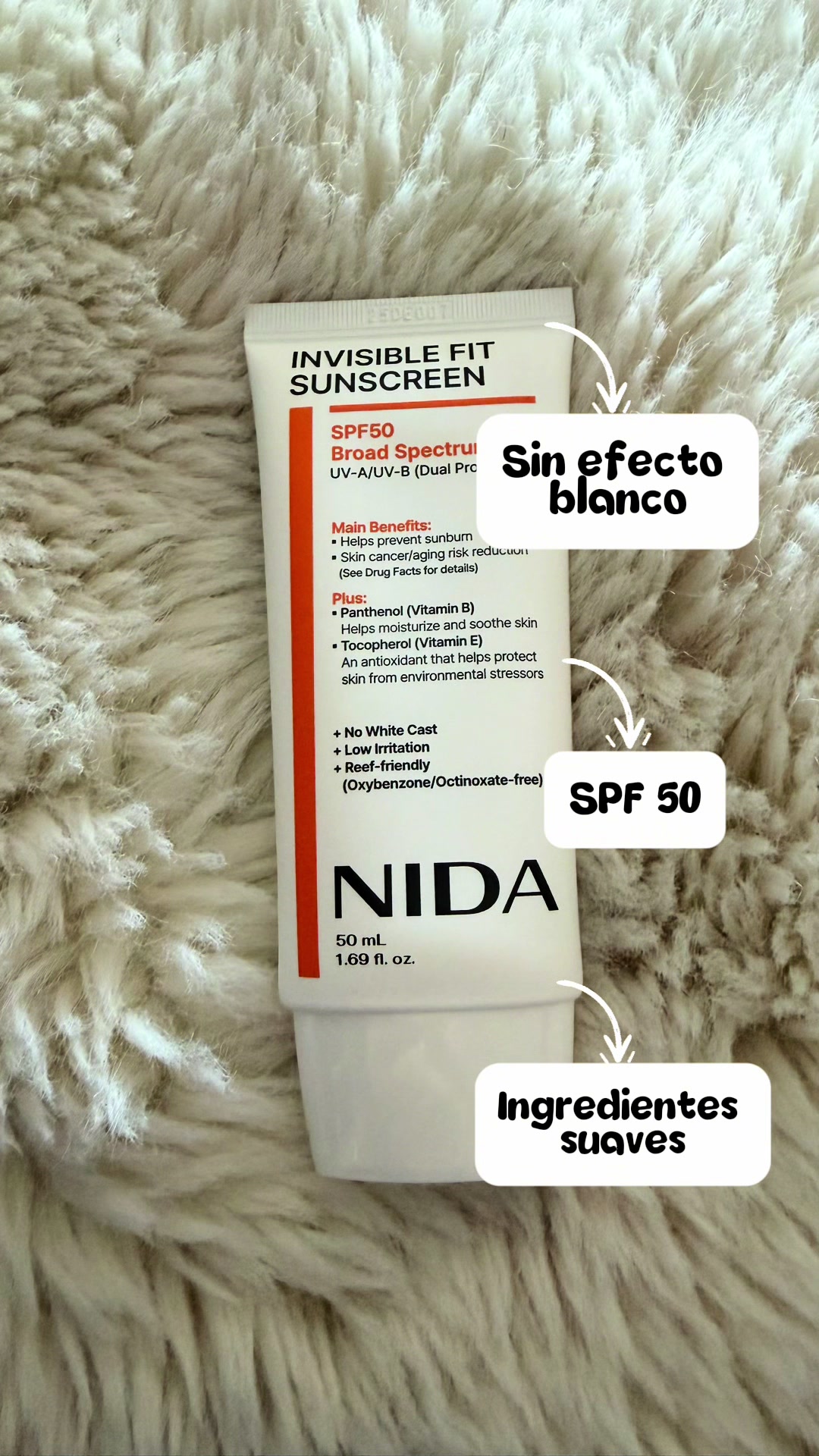 TikTok post by @.manu.us.life for NIDA Official. Caption reads: @NIDA OFFICIAL #proteccionsolar #nida #hydration....
