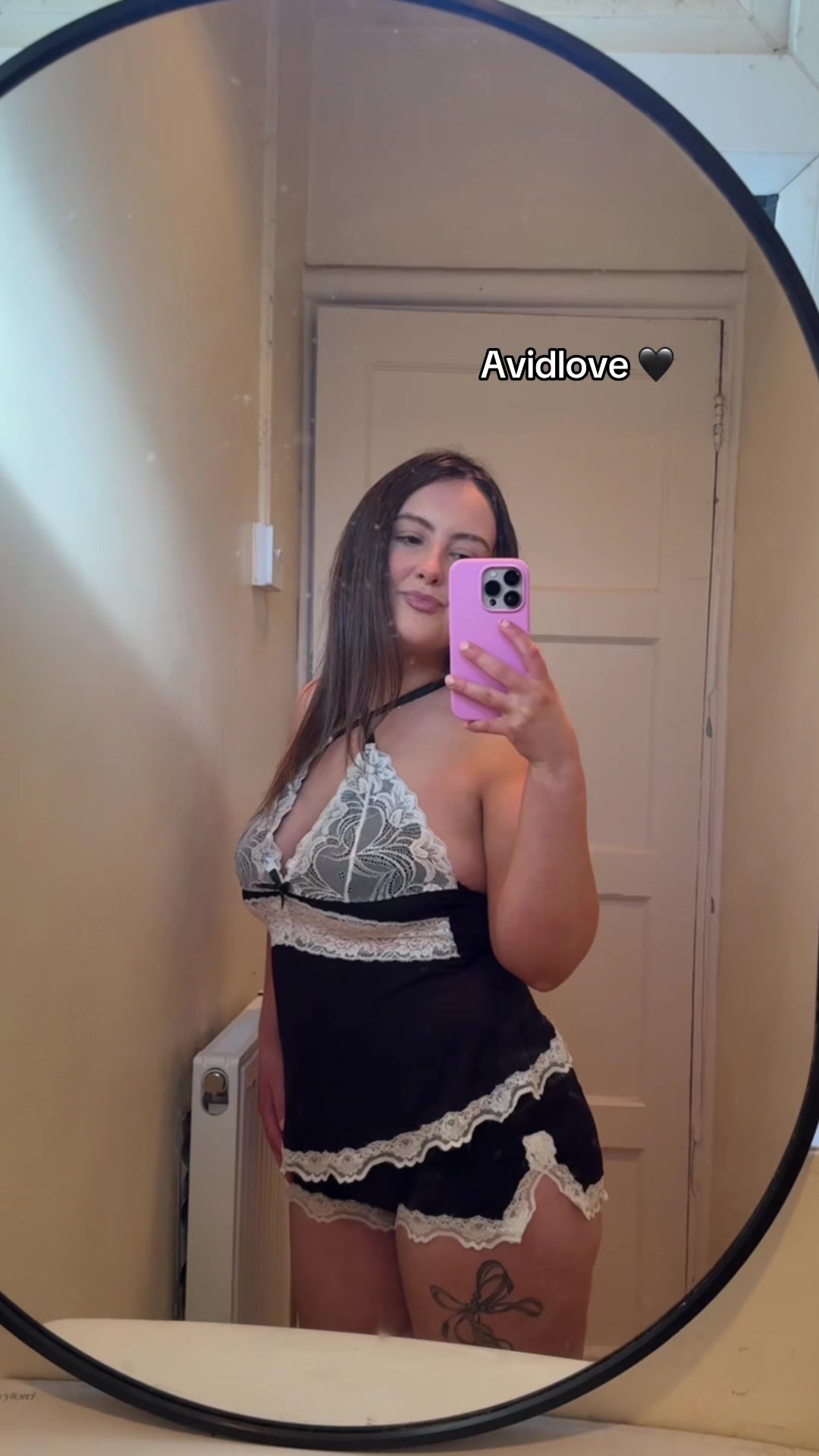 TikTok post by @beckywatts559 for AvidLove. Caption reads: Such a cute set 🤍🖤 #avidloveuk #avidlovelingerie....