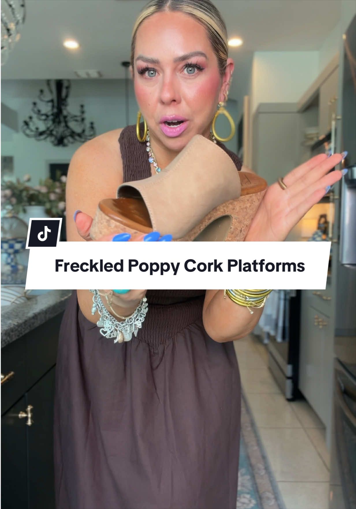 TikTok post by @lindaannettem for Freckled Poppy. Caption reads: Insanely comfortable Cork heels👌🏼 @Freckled....