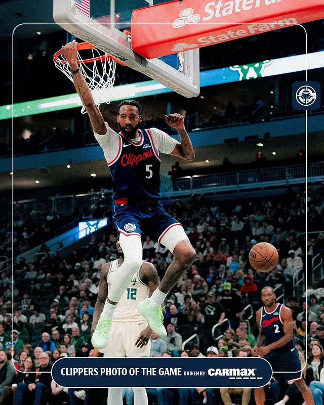 Instagram post by @laclippers for CarMax. Caption reads: [...] ✈️ 📸 Photo of the Game driven by @carmax.