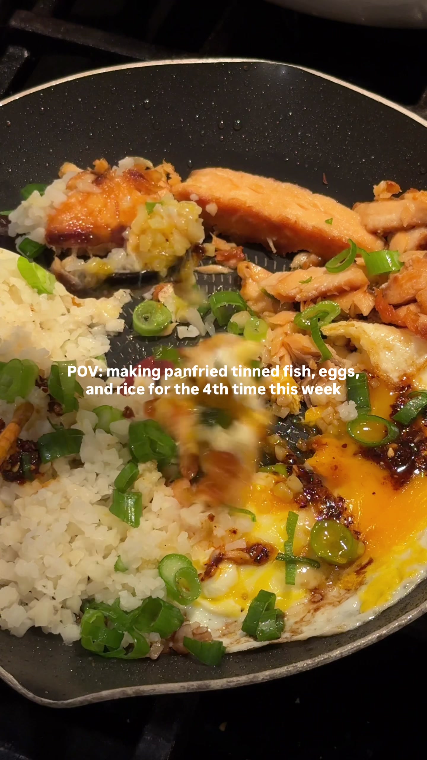 TikTok post by @careesekwok for Fishwife. Caption reads: [...] RECIPES! PAN FRIED SALMON EGGS & RICE....