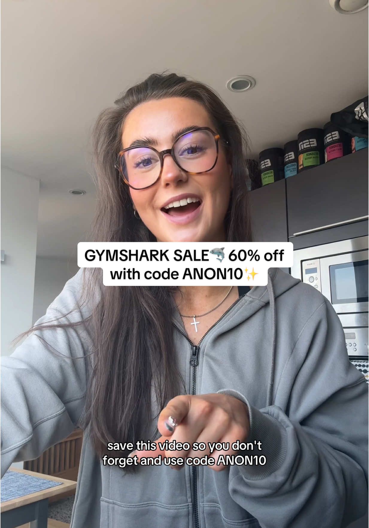 TikTok post by @theanongymgirl for Gymshark. Caption reads: SURPRISE GYMSHARK SALE AHH🦈 up to 60% off with....