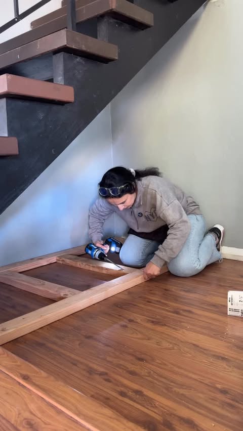 Instagram post by @pretty.and.functional for Kreg Tool. Caption reads: Part 1 of building storage under the stairs 👀 And....