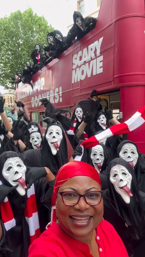 Instagram post by @scarymovie for Paramount Pictures. Caption reads: Ghostface X Aunty Bemi for the Arsenal Parade 🔴....
