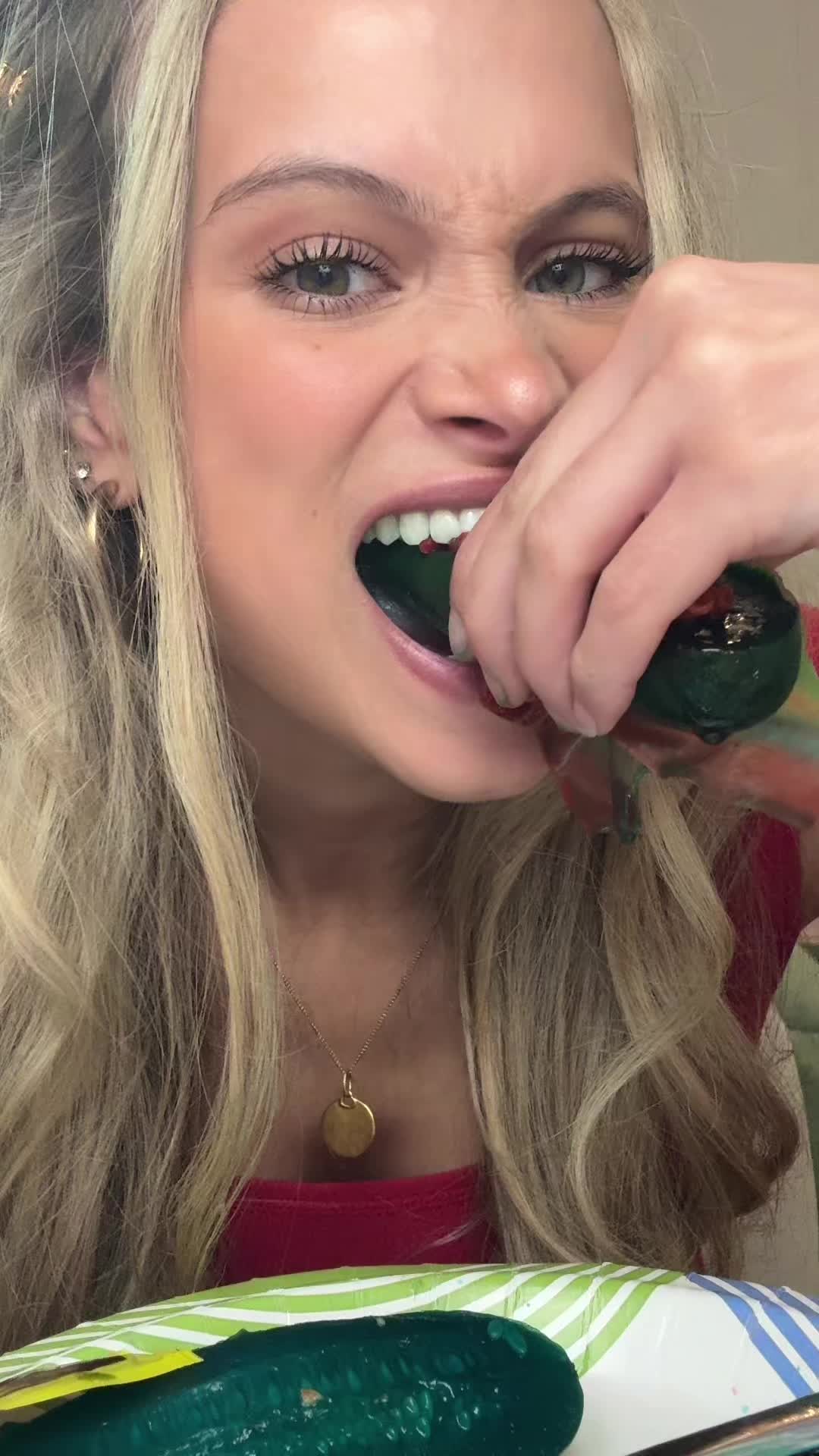 TikTok post by @annastadler_11 for Sourboy Snacks. Caption reads: The pickle vids are back #fyp #chamoypickle....