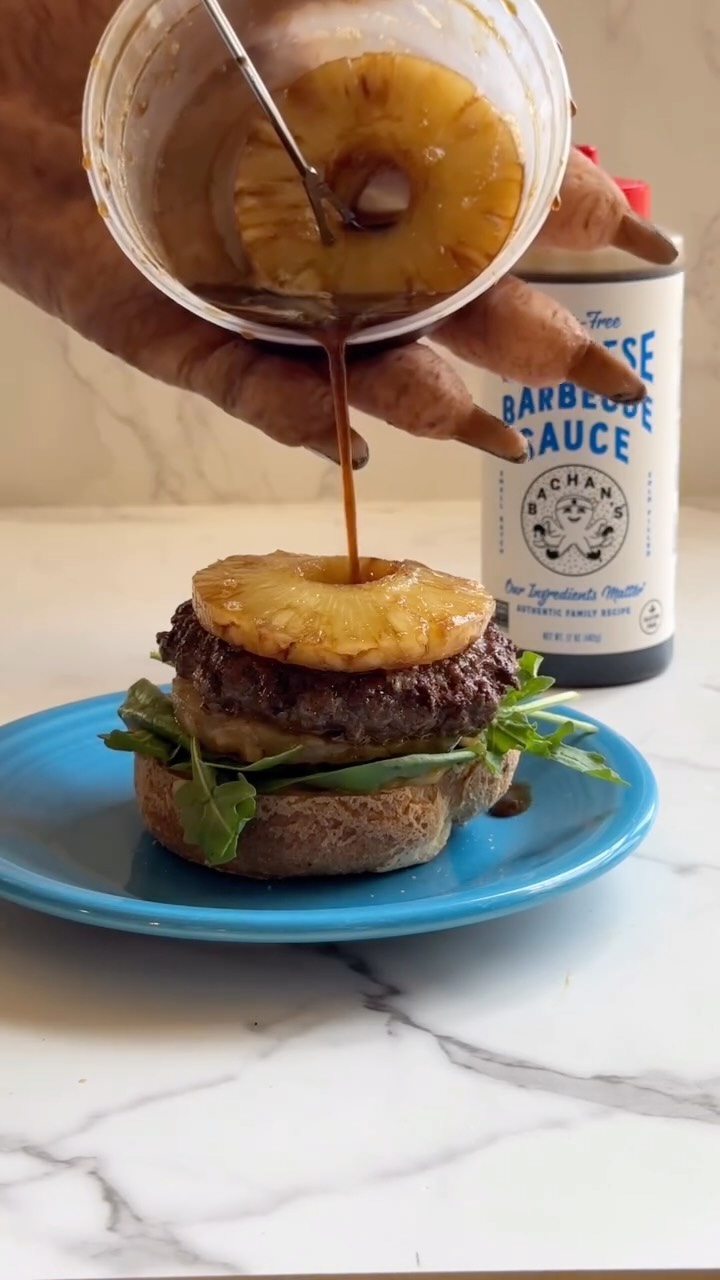 Instagram post by @whosagoodlizard for Bachan’s. Caption reads: 🍔✨ Let’s make Lewis’s Famous Bachan Burger with....