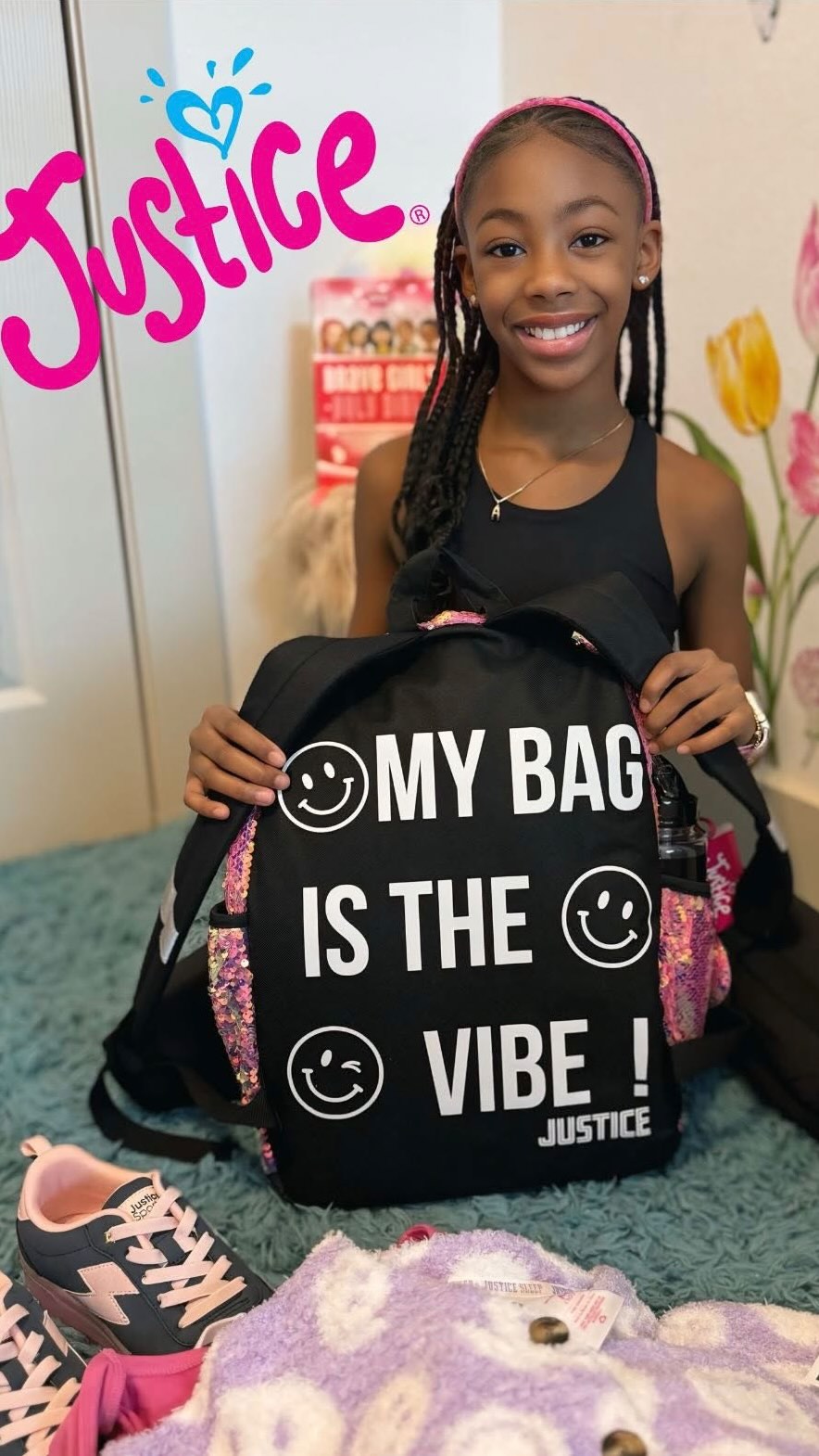 Instagram post by @keepingitari for Justice. Caption reads: ✨ Just unboxed my Justice Powered Girls Ambassador....