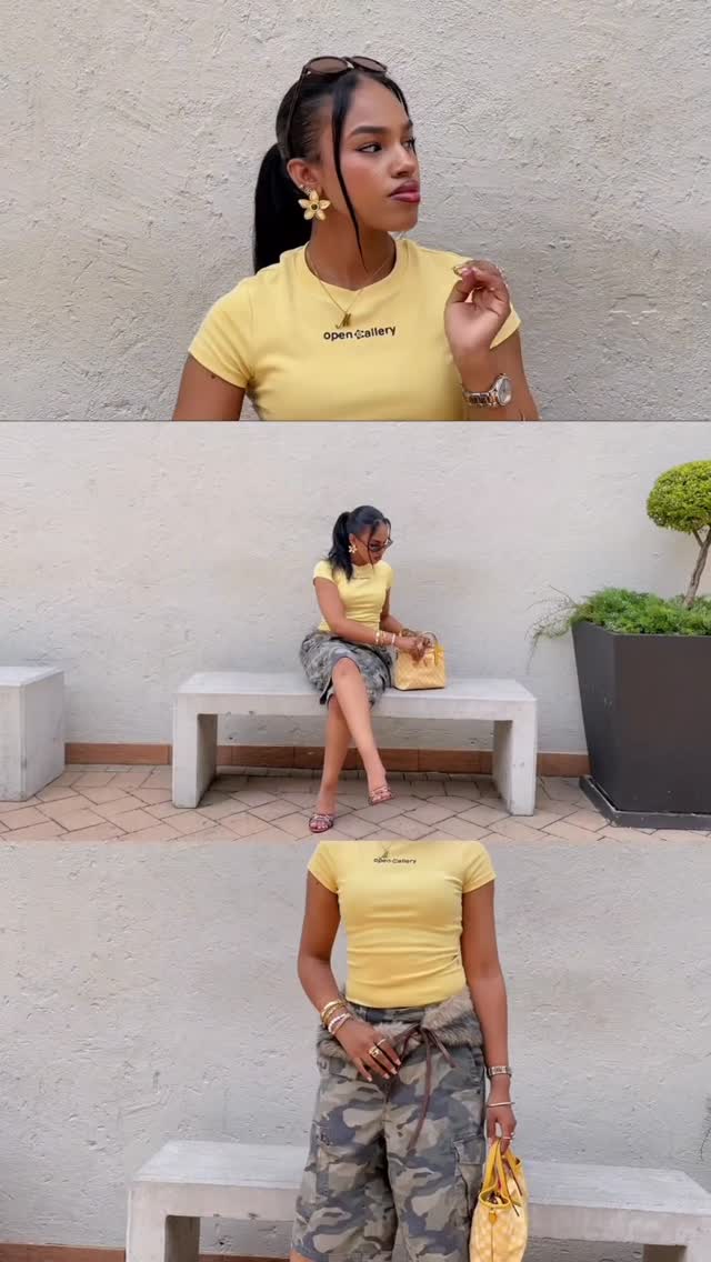 Instagram post by @afroasiatic for Factorie. Caption reads: One pair of jorts, three moods 🍊🍋🍓....