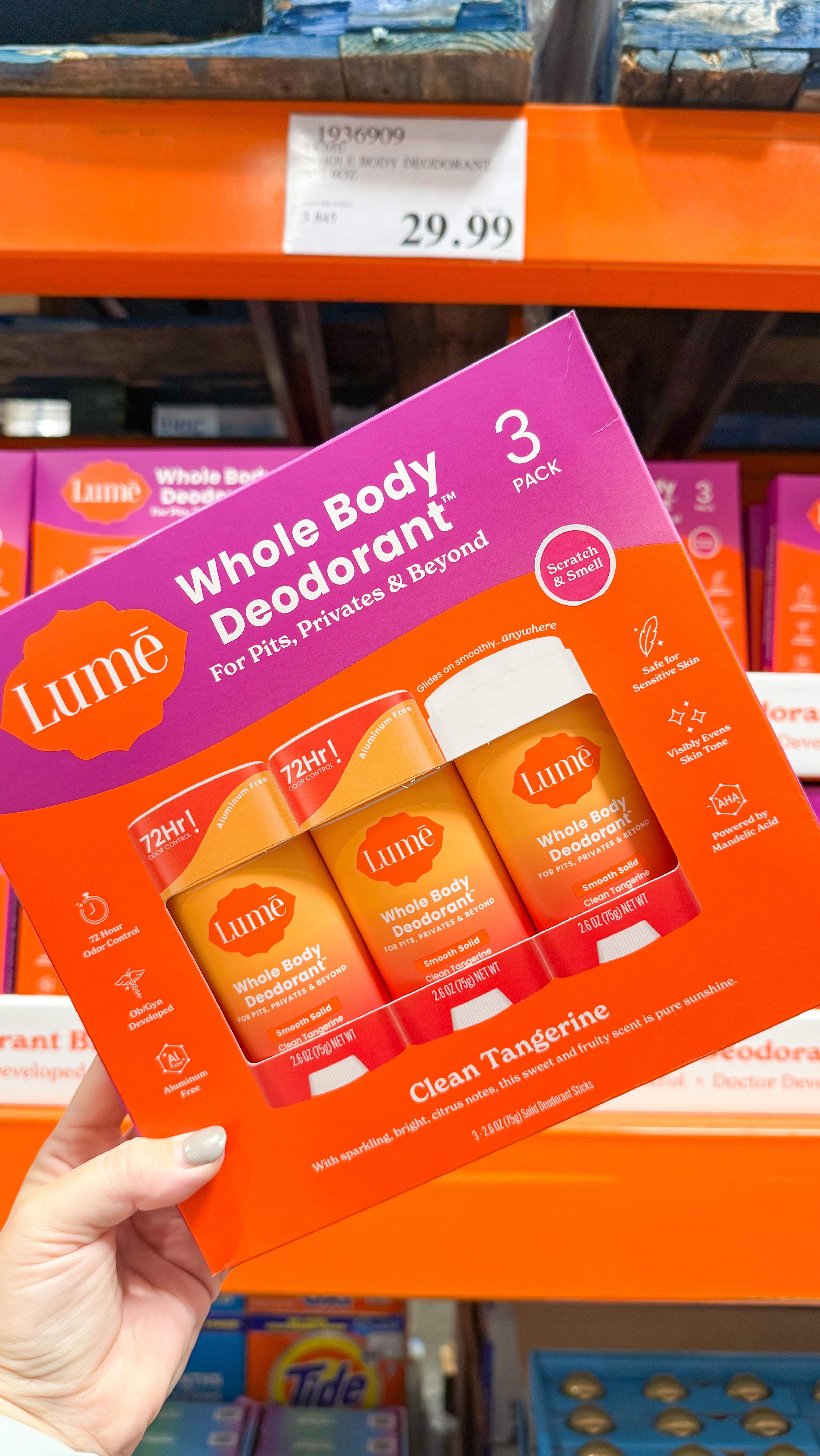 Instagram post by @farmhouselovehome for Lume Deodorant. Caption reads: ✨ @lumedeodorant is now sold at Costco....