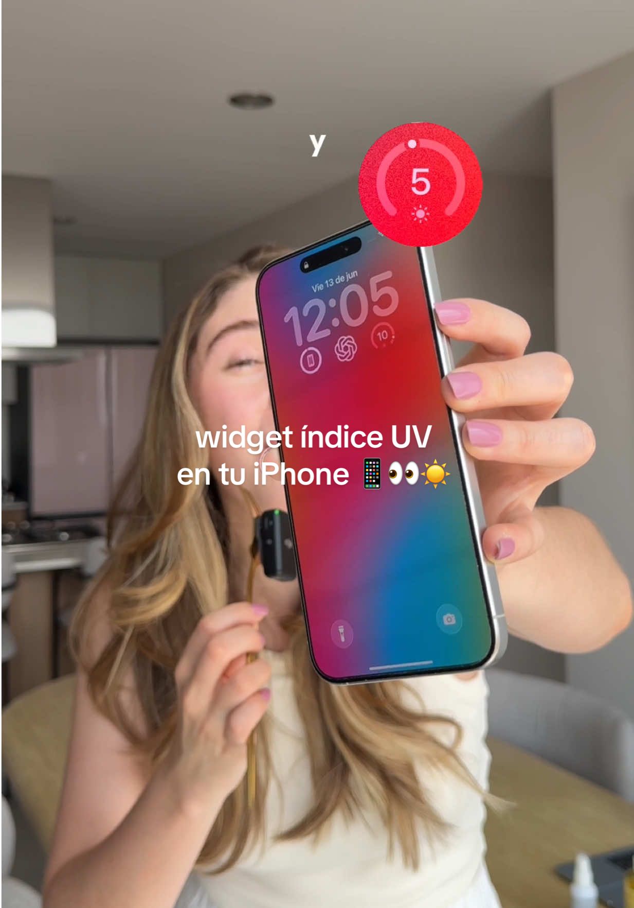 TikTok post by @soyjimenaconjota for Vichy Laboratoires. Caption reads: ¿Ubicas este numerito del clima en tu iPhone? 👀🌞....