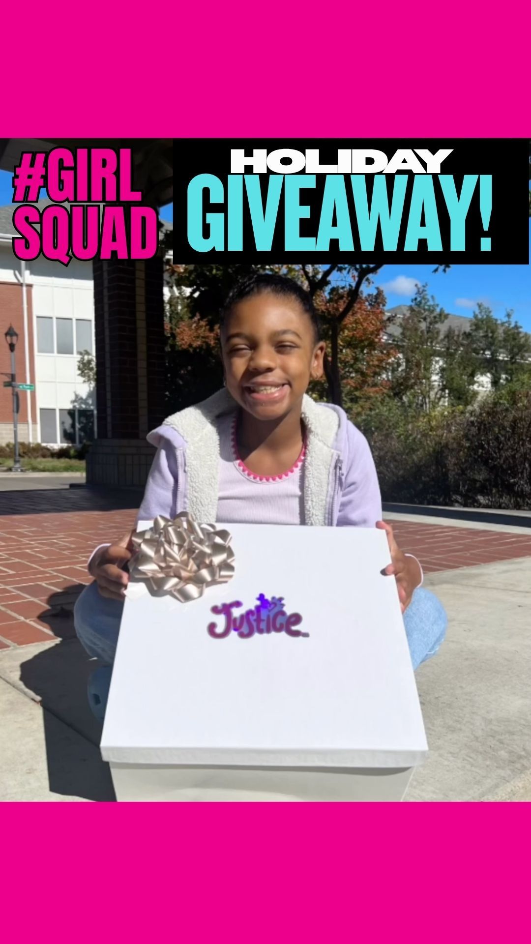 Instagram post by @kieran_renee_03 for Justice. Caption reads: 🩵 It's week 4 of the #GirlSquad Holiday Giveaway!....