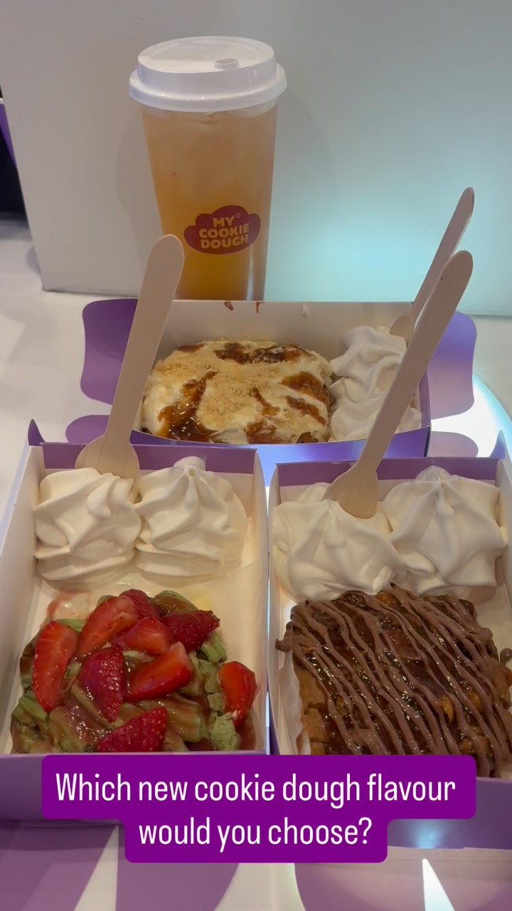 Instagram post by @helenjtea for mycookiedough. Caption reads: Which new @mycookiedough flavour would you choose?....