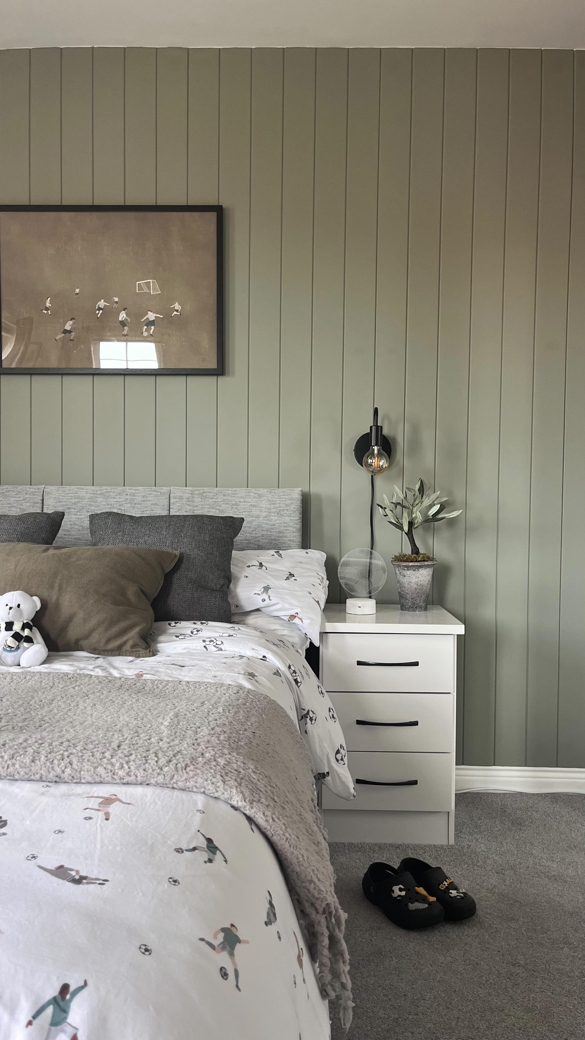 Instagram post by @moving_down_the_road for Naturewall. Caption reads: SHIPLAP STYLE PANELLING! ⚽️ 

2 years later and....