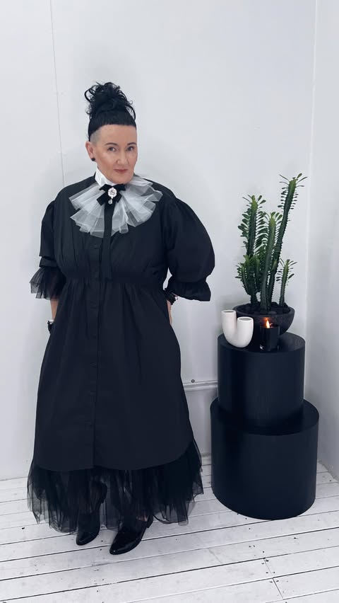 Instagram post by @leannezimmermann for KATE HEWKO. Caption reads: [...] 🖤 Wearing: ‘Avant Garde ‘ tulle dress....