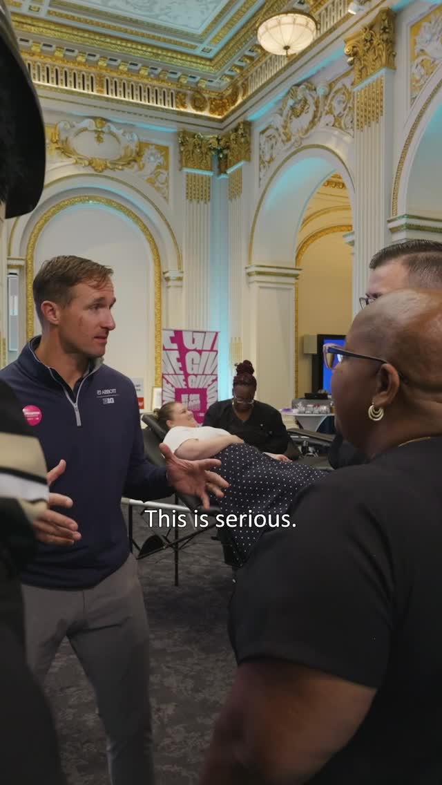 Instagram post by @drewbrees for Abbott. Caption reads: This isn’t just any huddle – it’s a call to save....
