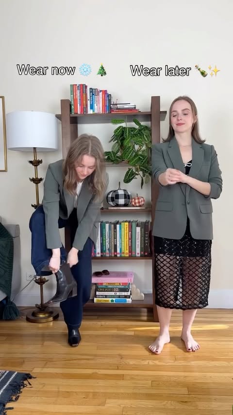 Instagram post by @two_scoops_of_style for Sam Edelman. Caption reads: Wear now vs later holiday outfits 🎄❄️ (type SHOP....