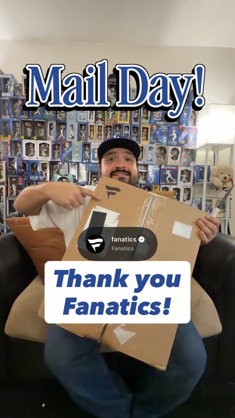 Instagram post by @theladodgerdog for Fanatics. Caption reads: Guys! What an unboxing! Thank you @fanatics !!....