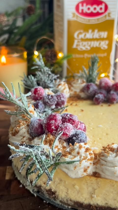 Instagram post by @shelikesmilk for Hood. Caption reads: #HoodPartner Eggnog Cheesecake with Gingerbread....