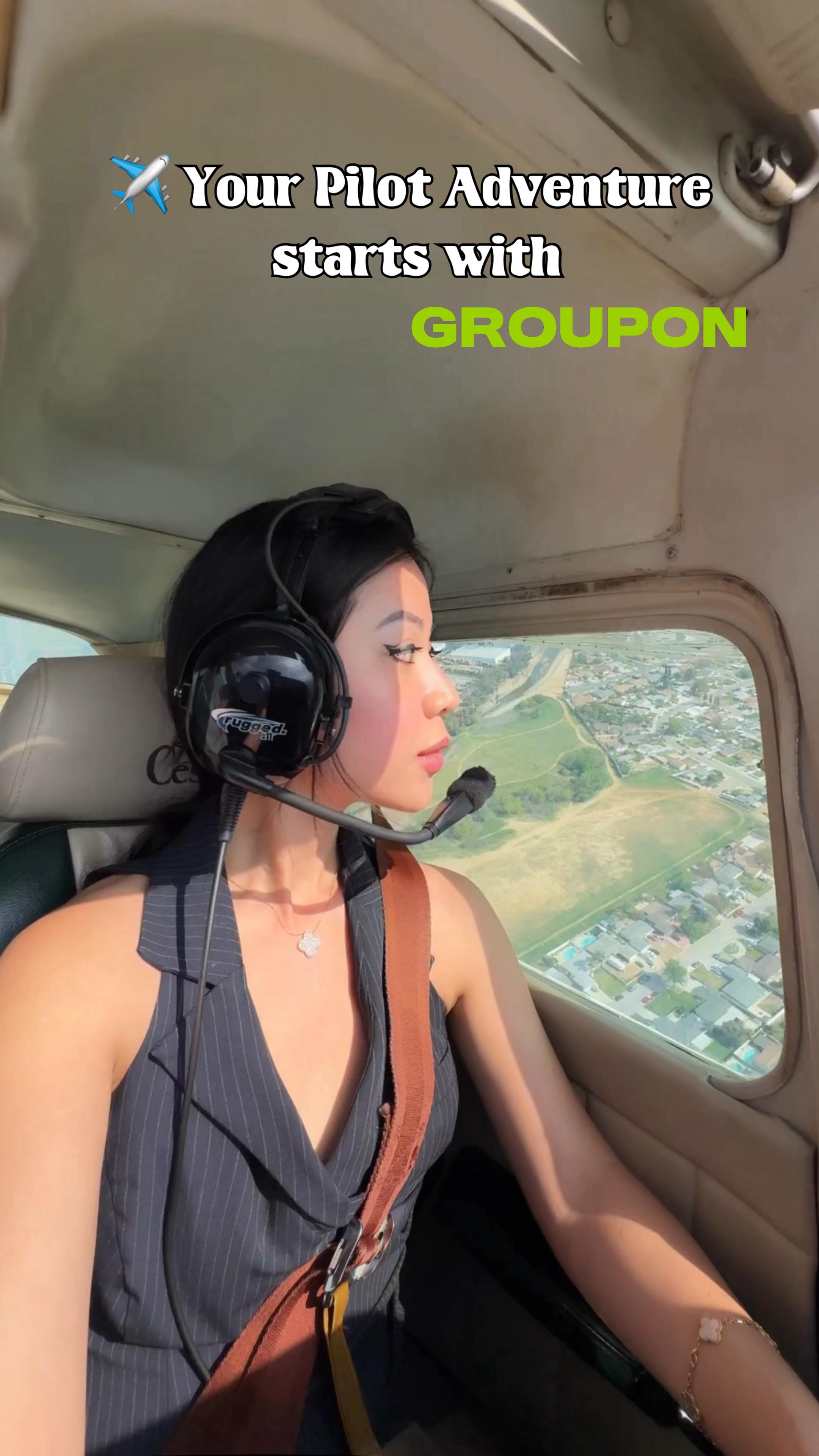 Instagram post by @cmyemima for Groupon. Caption reads: Ready to take the pilot’s seat? ✈️👩‍✈️
Experience....