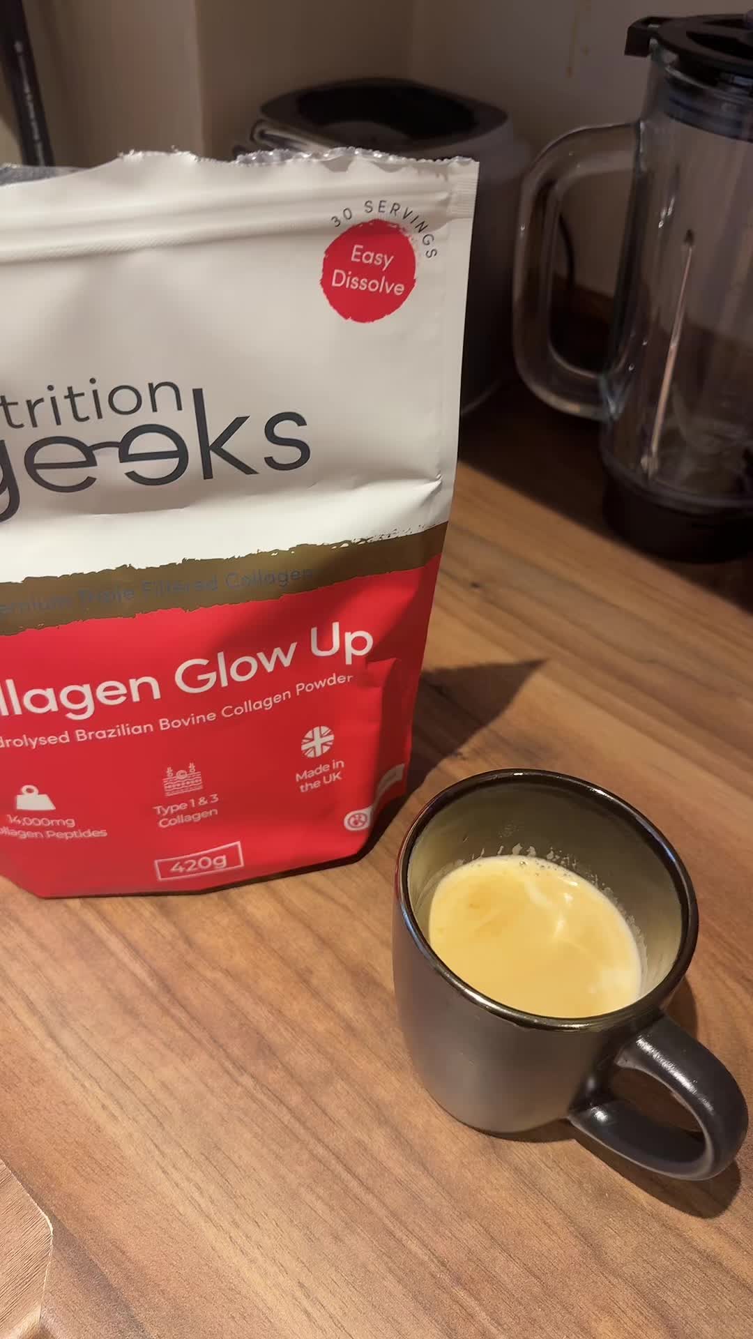 TikTok post by @samfrench19 for Nutrition Geeks. Caption reads: starting my day with a collagen coffee to set me....