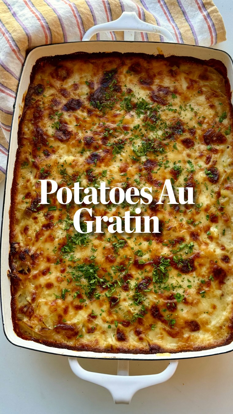 Instagram post by @foodbaby.bklyn for Food52. Caption reads: Cheesy Potatoes Au Gratin: tender layers, a creamy....