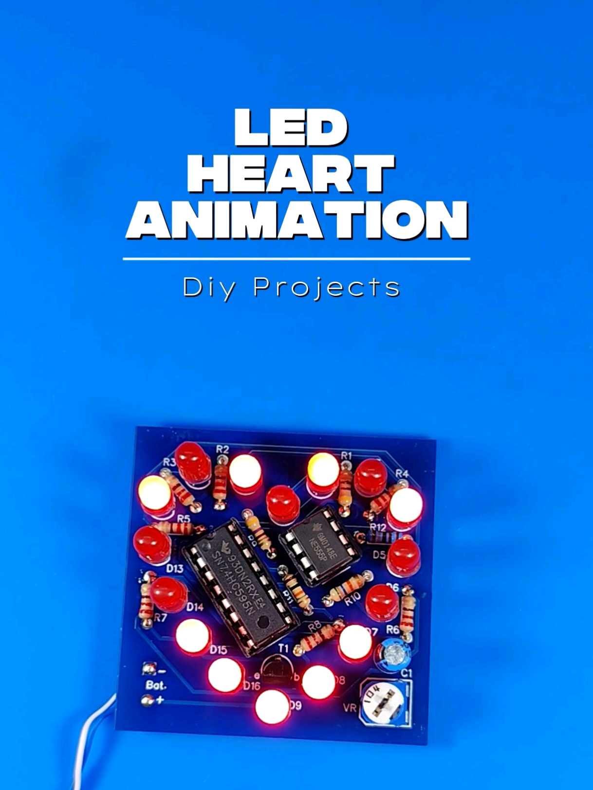 TikTok post by @elwarbraja for JLCPCB. Caption reads: LED Heart Animation using IC 555 DIY — create a....