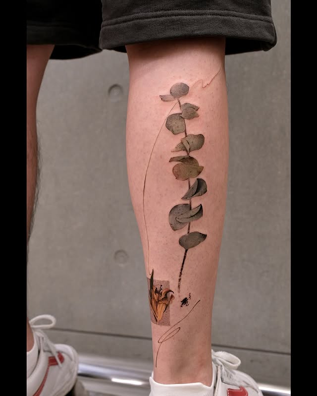 Instagram post by @chenjie.newtattoo for Pepax Official. Caption reads: A single eucalyptus leaf flows down the calf, in....