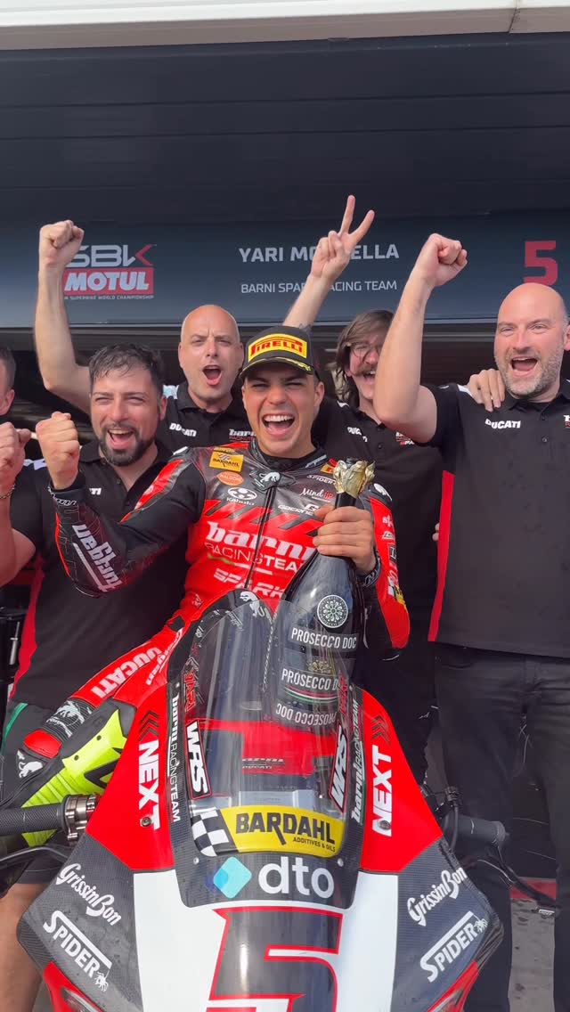 Instagram post by @barniracingteam for Prosecco DOC. Caption reads: [...] first #WorldSBK podium than with a....