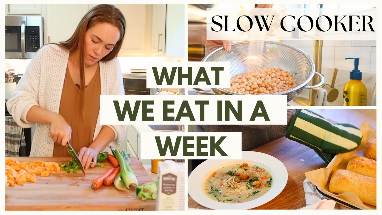 YouTube post by @healthyelizabeth for The Spice House. Caption reads: What We Eat In A Week | Cozy Slow Cooker Crock Pot....