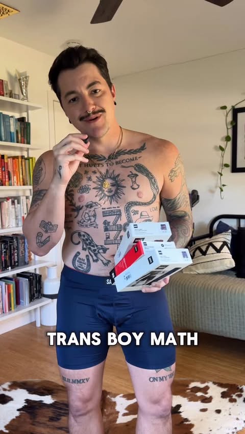 Instagram post by @seethestarsablaze for SAXX Underwear. Caption reads: Trans Boy Math = 🩲 If you already paid so much to....