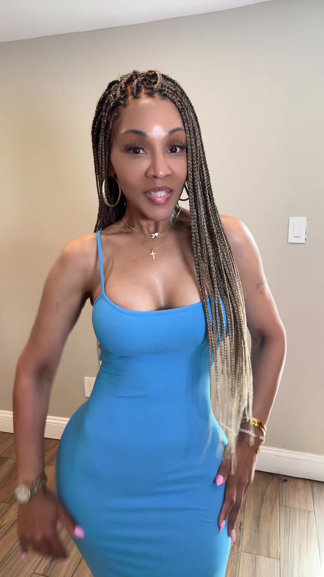 TikTok post by an influencer for PUMIEY. Caption reads: [...] dress. Giving SKIMS vibes @PUMIEY....