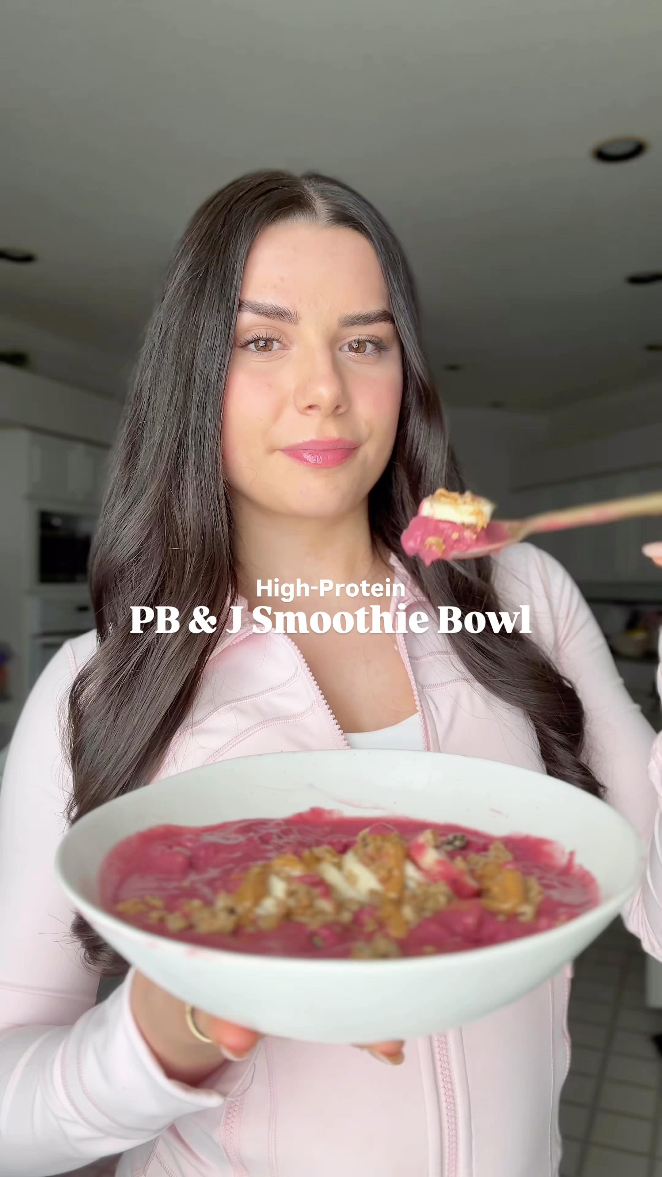 Instagram post by @purelycristina for Healthy Planet. Caption reads: PB & J Smoothie Bowl (30g protein) 🍓🥜🫐

Let’s....