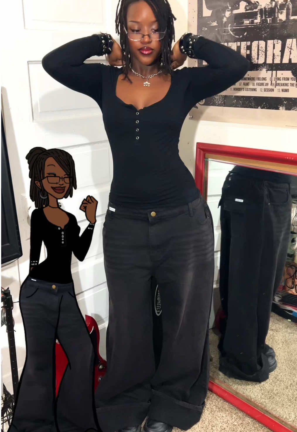 TikTok post by @jstelise for Emmiol. Caption reads: Finally own a pair of black BAGGGGGY jeans im so....