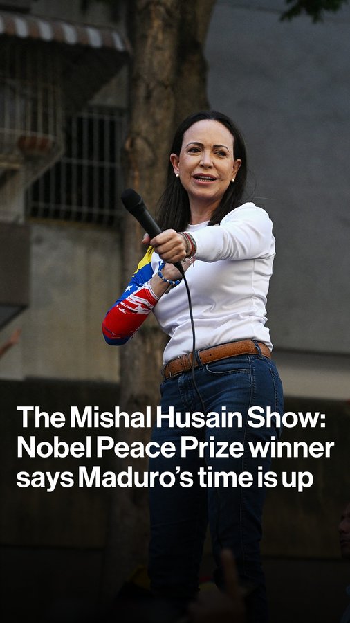 Instagram post by @mishalhusain for Bloomberg. Caption reads: Nobel Peace Prize winner María Corina Machado says....