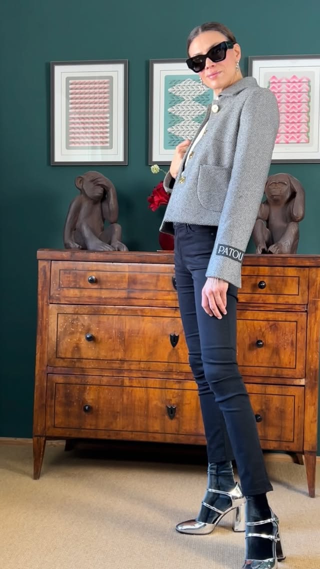Instagram post by @annavschilcher for PATOU. Caption reads: back to basics 🤩 but with velvet socks ✨ the....