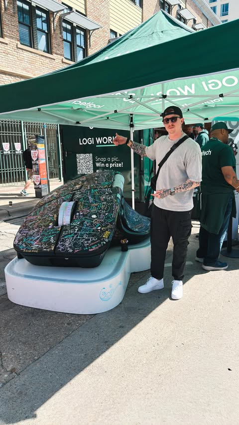 Instagram post by @johnnyhochstetler for Logitech. Caption reads: #ad Turning SXSW into my office with @logitech....
