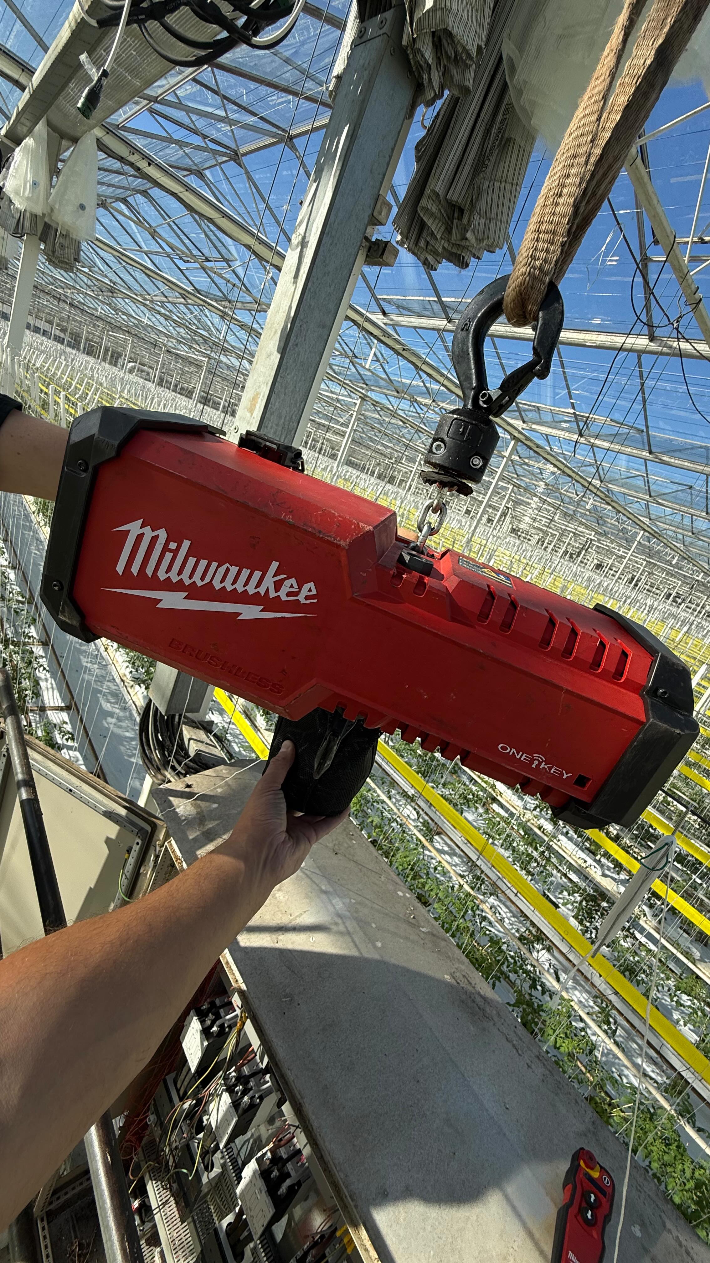Instagram post by @theowebsterelectrical for Milwaukee Tool. Caption reads: The @milwaukeetool_uk M18 BLCHTO one tonne chain....