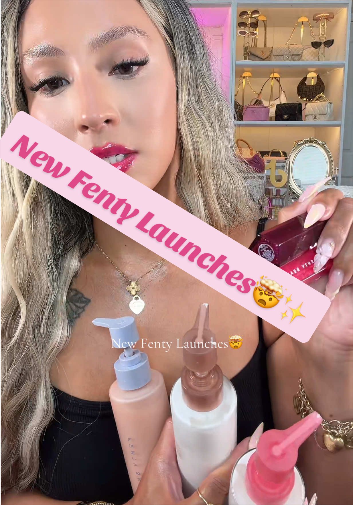 TikTok post by an influencer for Fenty Beauty. Caption reads: 🧴💋Fenty New Launches✨#fentybeauty #fentyskin....