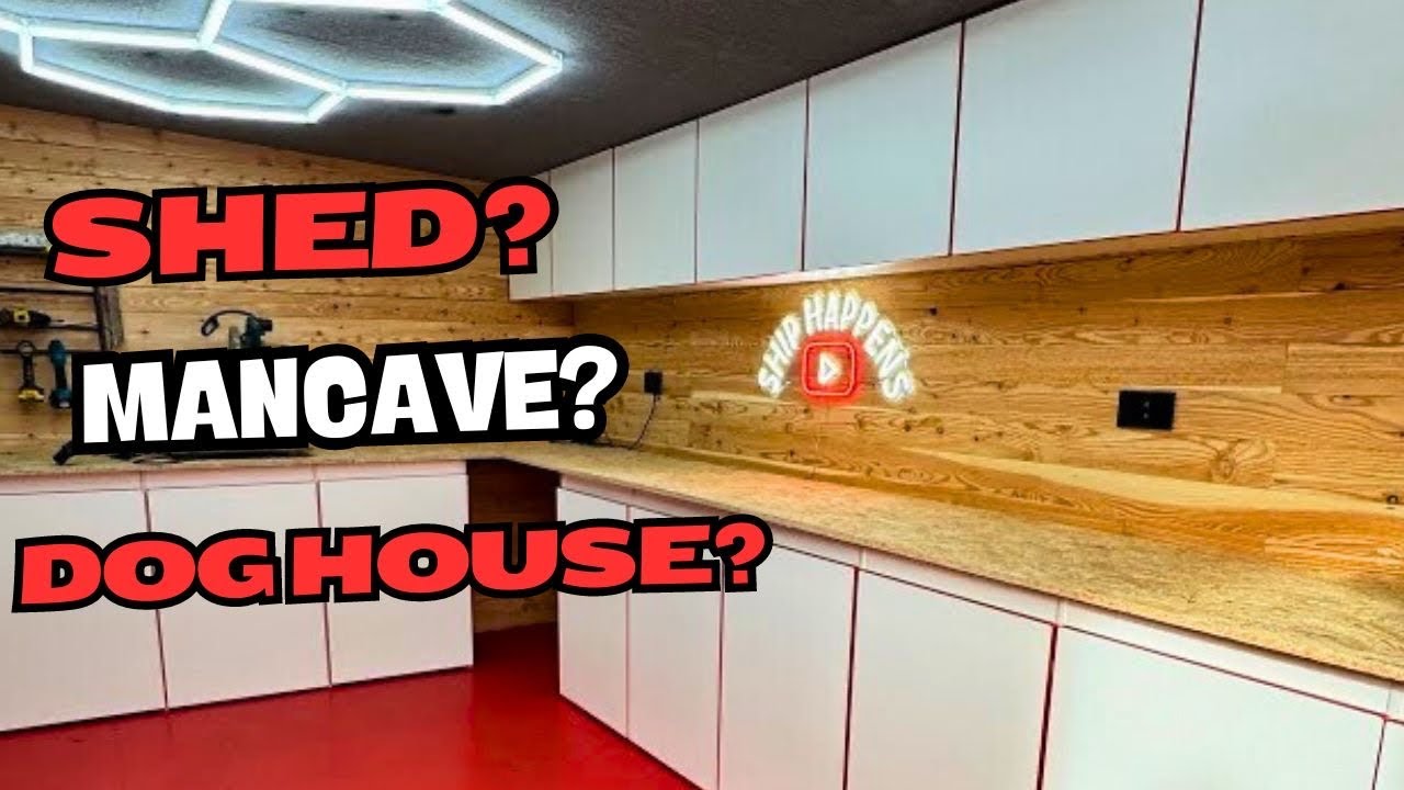 YouTube post by @ShipHappensUK for Garage Style Ltd. Caption reads: Shed Happens - More Interior building of the new....