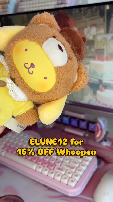 Instagram post by @elune.collects for Whoopea. Caption reads: ELUNE12 for 15% Off @whoopeaofficial Sanrio....