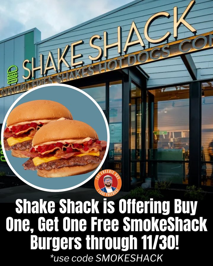 Instagram post by @thefreebieguy for Shake Shack. Caption reads: 🍔🔥 BOGO FREE @shakeshack is back!!

From Nov....