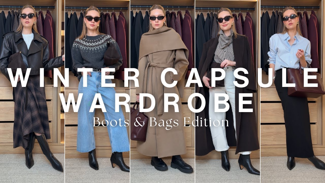 YouTube post by @LydiaJaneTomlinson for Flattered. Caption reads: WINTER CAPSULE WARDROBE | Boots & Bags Staples.