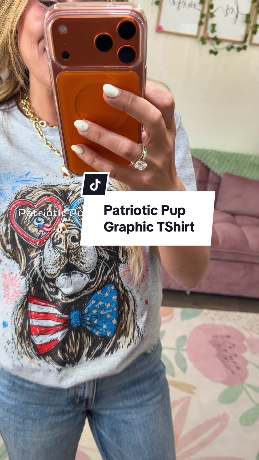 TikTok post by @jackiebentleyshop for Refinery Number One. Caption reads: The cutest patriotic tee @Refinery Number One....