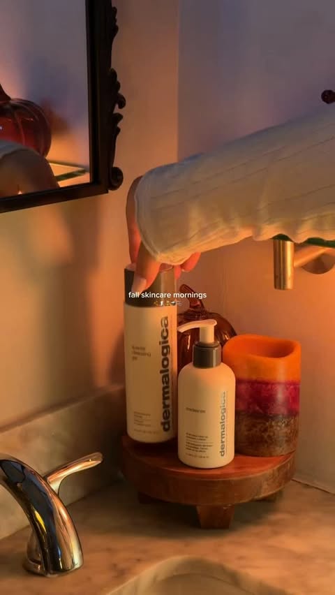 Instagram post by @elisapurrr for dermalogica. Caption reads: Cozy Skincare Mornings with @dermalogica 🍂🫧🧸....