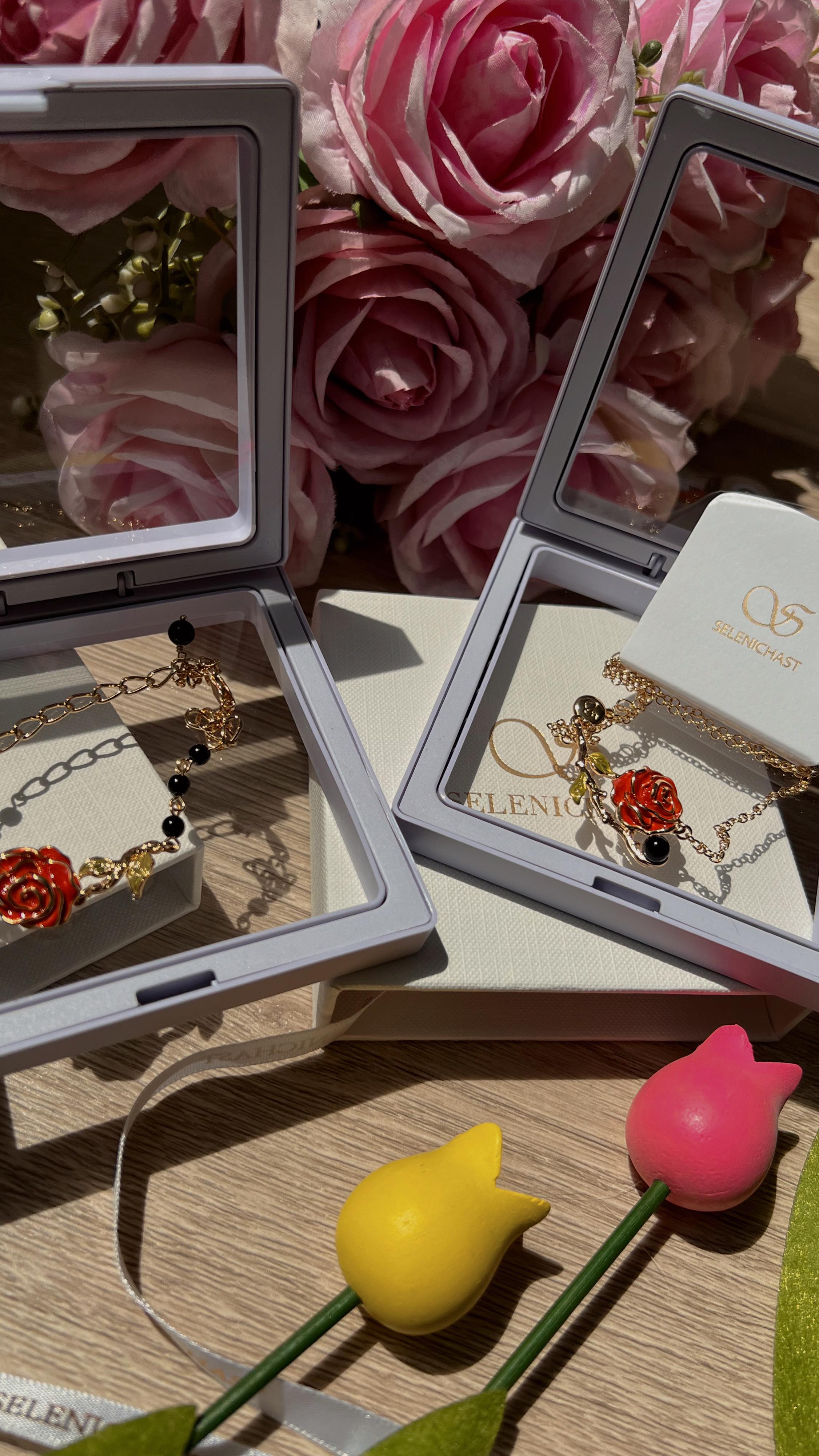 Instagram post by @bykrisi for Selenichast. Caption reads: [...] rose necklace and bracelet🌹from....