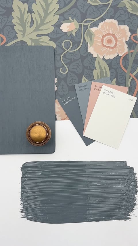 Instagram post by @simplee.diy for Sandberg Wallpaper. Caption reads: Sherwin Williams Grays Harbor is that moody, deep....