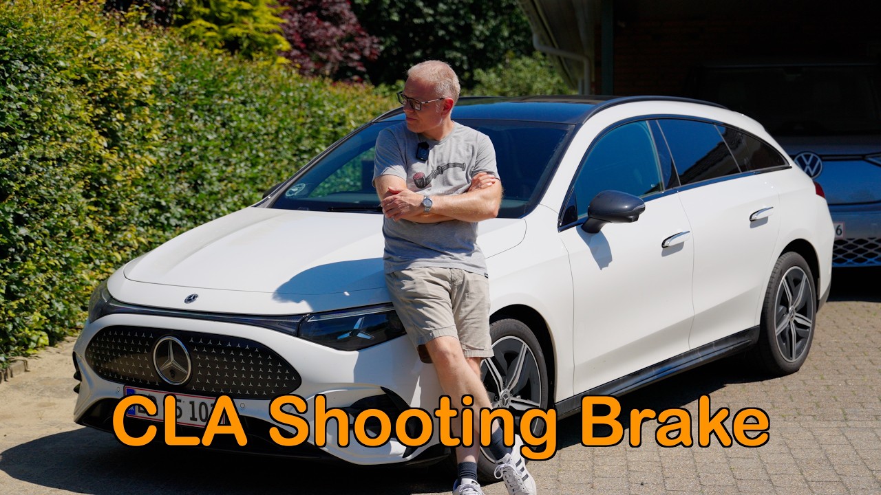 YouTube post by @BilerTV for GreenCarGear.dk. Caption reads: Mercedes Benz CLA Shooting er prissat som andre....