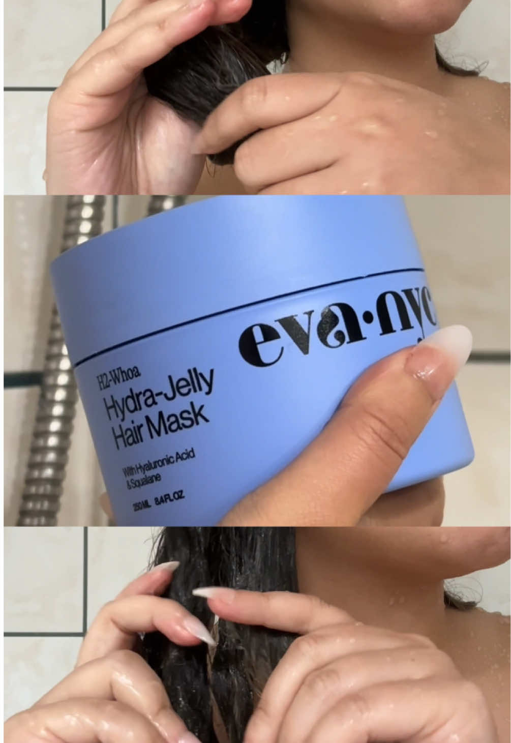 TikTok post by @itskathleenngo for Eva NYC. Caption reads: [...] w/ H2Woah Hydra-Jelly Hair Mask from @Eva....